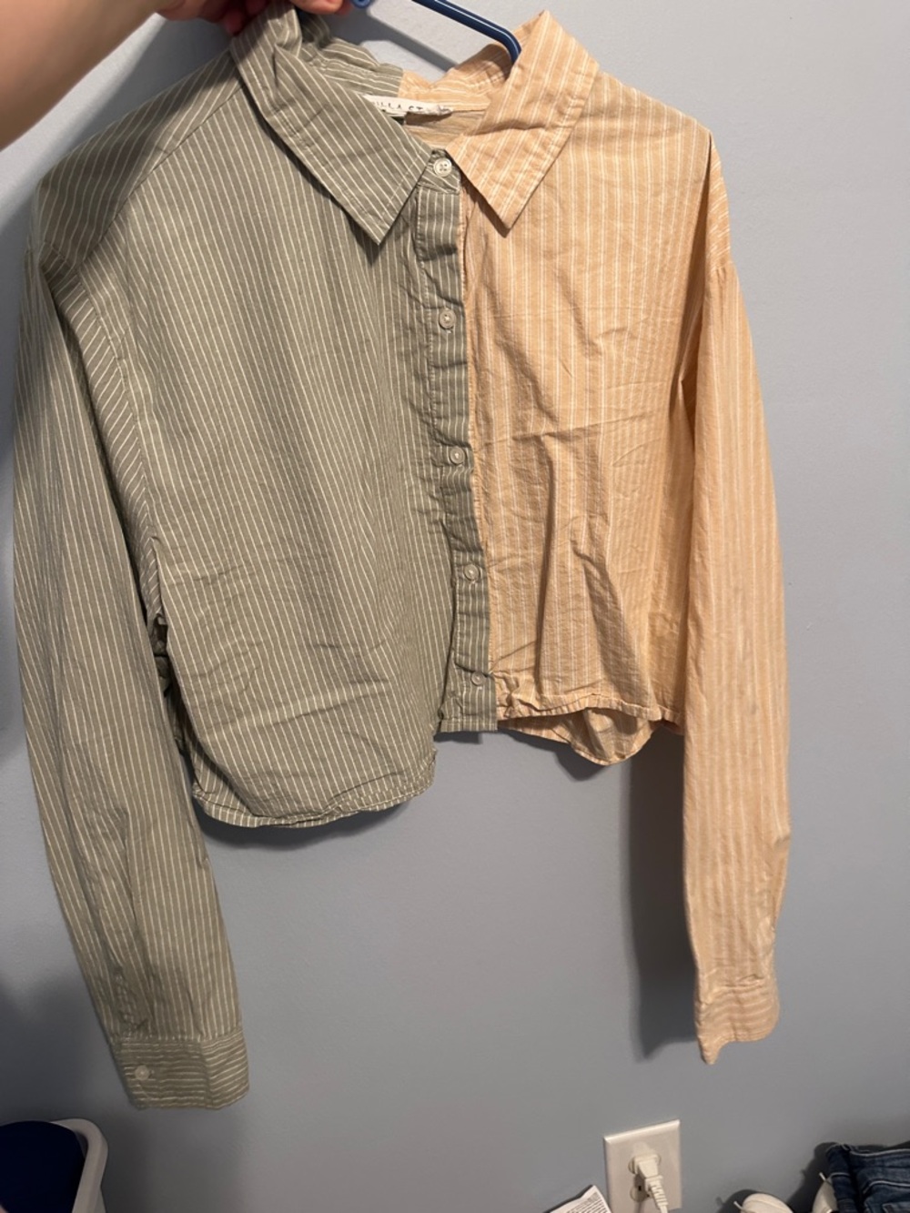 Vanilla Star Two-Tone Cropped Button-Up Top - Olive Green & Beige Stripe